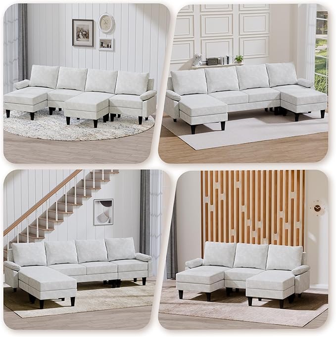115 Modular Sectional Sofa U Shaped Sectional Comfy Couch for Living Room Convertible Modular Sofa Couch with Ottomans and Chaise High Supportive &amp Soft Sponge 6 Seats Beige