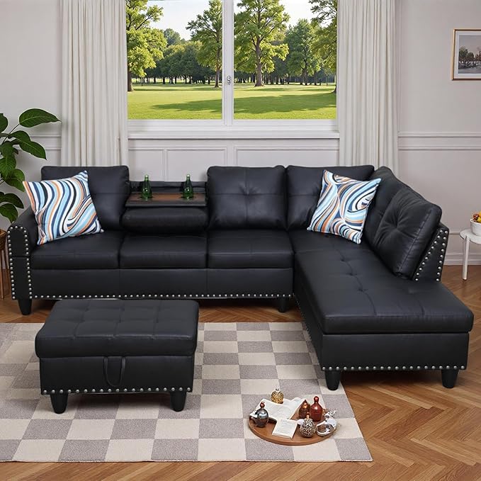 L-Shaped Sectional Sofa with Movable Chaise &amp Storage Ottoman - 3-Piece Leather Modular Convertible Couch for Living Room Apartment &amp Home Office Gloss Black