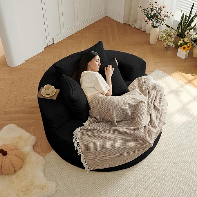 55''L Oversized Round Chaise Longue Chair Indoor Corduroy Sponge Single Sofa Oversized Round Chairs Modern Sleeper Chair for Living RoomProjection Room Wide Armrest Chairs Black