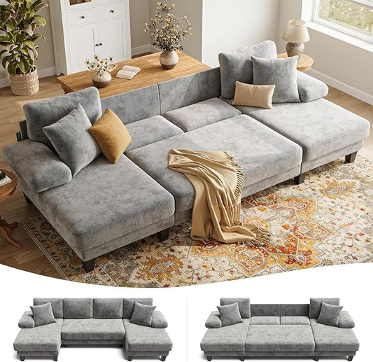 Txtin's Sleeper Sofa with Pull Out Couch Bed | 112 Inch Couches for Living Room | U-Shaped Convertible Sofa Bed | Chenille Light Grey
