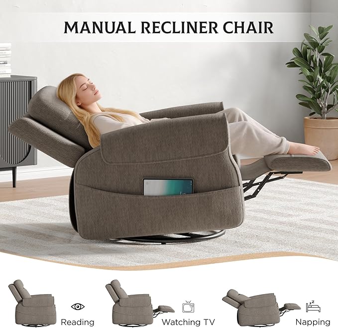 Maupvit Faux Shearling Recliner Chair - 360° Swivel Rocker with Adjustable Footrest and Backrest Plush Upholstered Single Sofa for Small Spaces for Living Room/Nursery/Home Theater (Grey)