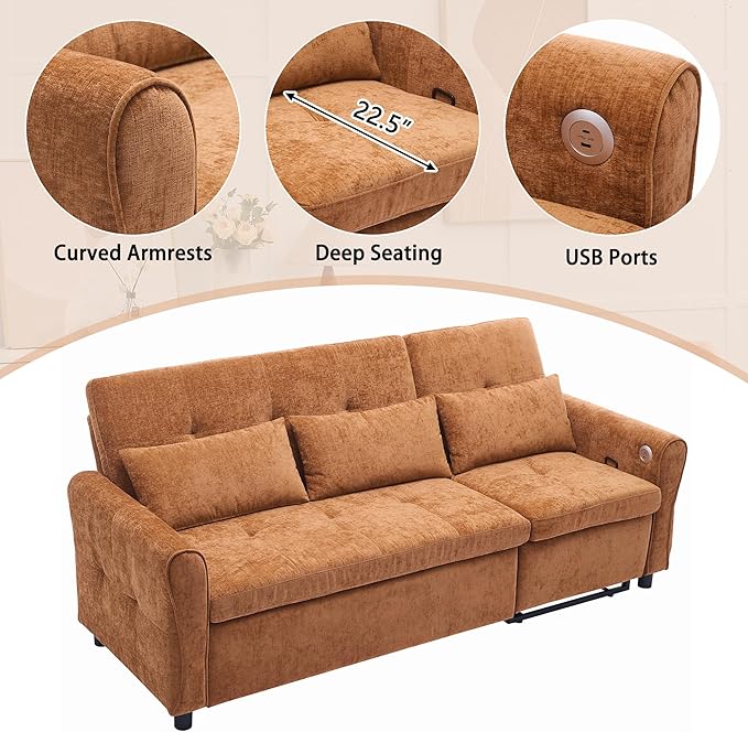 Polibi 2-in-1 Convertible Sofa Bed &amp Recliner - 3-Position Adjustable Backrest (105°-180°) Reversible Design Dual USB Ports 82 Wide Orange