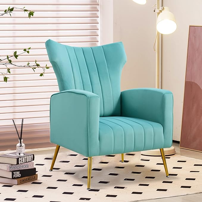 Modern Velvet Accent Chair with Arms Wingback Reading Chair with Gold Metal Legs Comfy Upholstered Single Leisure Sofa for Living Room Bedroom Club(Velvet+Blue)