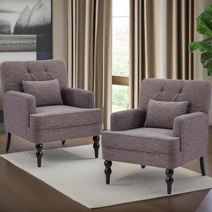 HUIMO Tufted Club Chair Set of 2Accent Chair with Lumbar Pillow Upholstered Button Armchair Fabric Sofa Chairs for Bedroom Living Room Mid Century Modern with Studded Reading Chair(2Grey)