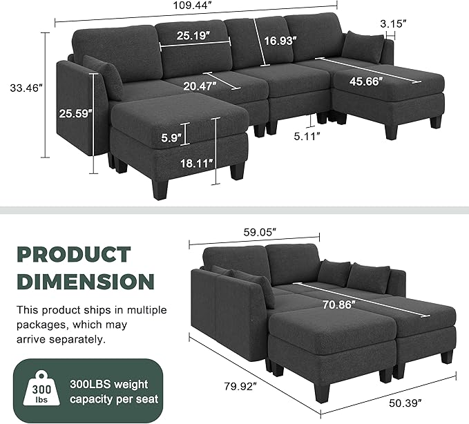 Modular Sectional Sofa 6 Seaters Modular Sleeper Sofa Couch Comfy Sectionals Couches Bed Convertible Sofas with Ottomans Sectional Couches for Living Room Dark Grey