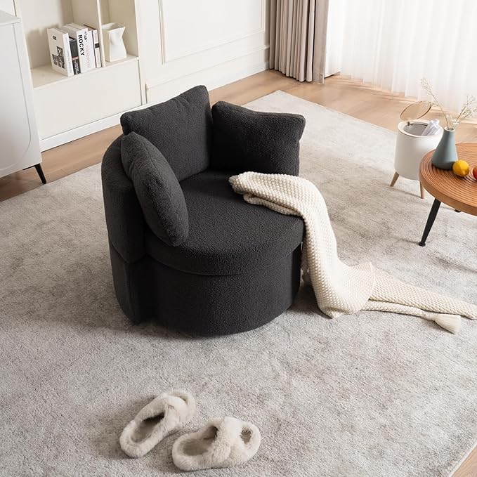 FOXHUNTER Swivel Barrel Chair 360 Degree Swivel Round Storage Chair with 3 Pillows Oversize Teddy Swivel Accent Chair Comfy Single Sofa Chair for Nursery Living Room Bedroom (Dark Gray)