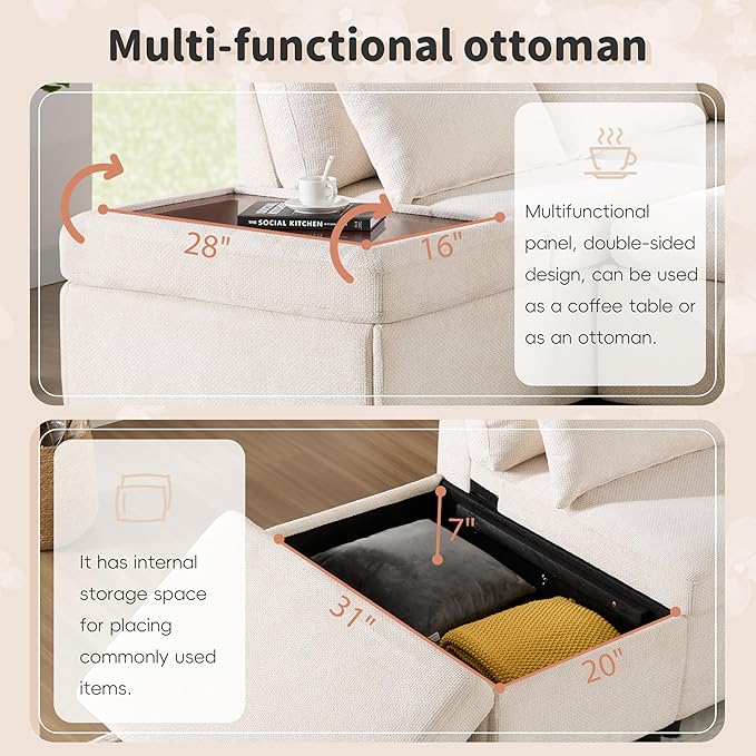 Modular Sectional Sleeper Sofa Bed 107'' Pull Out Bed Sectional Sofa with Free Movement Storage Ottoman L-Shape with Wide Seats Oversized Chenille Sofa for Living Room (Light Khaki+Beige/512)