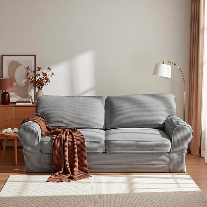 Claiks 83 Corduroy Loveseat Sofa for Living Room Boneless Sofa with Wide Rounded Armrest Deep Cushioned Couch with Lock-Stitched Edges Skin-Friendly Cloud Couch White Light Grey | Corduroy Bone