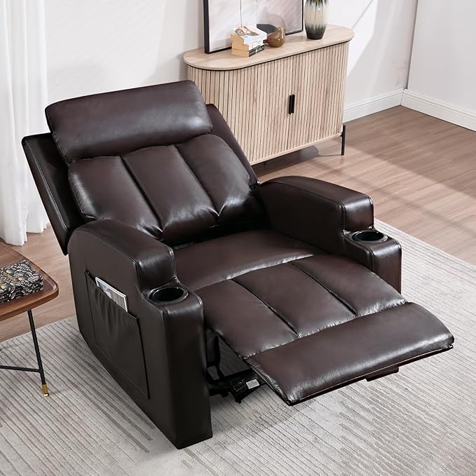 CANMOV Manual Recliner Chair with Massage and HeatBreathable Leather Recliner Chair with Armrest and Backrest Manual Reclining Single Sofa with 2 Cup Holders Side Pocket for Living RoomDark Brown