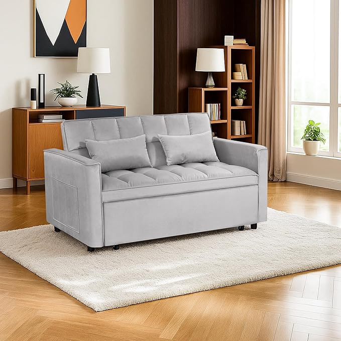 Sleeper Sofa Couch with Pullout Bed 54'' Velvet Futon Loveseat Sofa 3-in-1 Convertible Love Seat Couch for Living Room Apartment Chair Bed Sleeper for Adults (Gray)