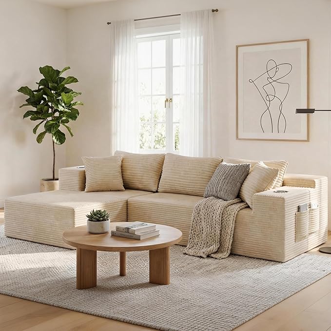 Realbear 108 Cloud Sectional Couch Sofa with L-Shape Chaise Modular Sectional Couch with Deep Seat for Living Room Bedroom No Assembly Required (Beige 108 Left Facing Chaise)