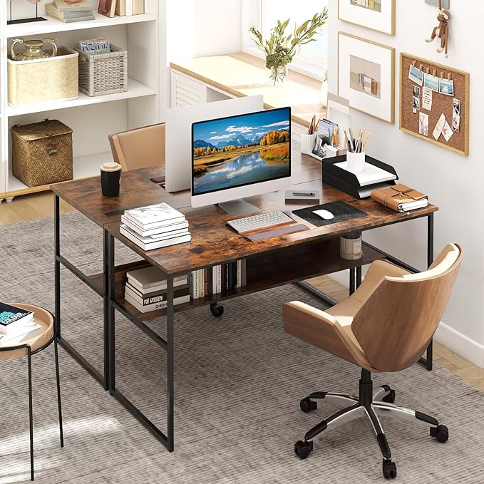 Giantex 55 Inch Computer Desk with Charging Station Gaming Desk with Storage Bookshelf Large Computer Workstation w/Heavy Duty Metal Frame Modern Study Writing Desk for Home Office (Rustic Brown)