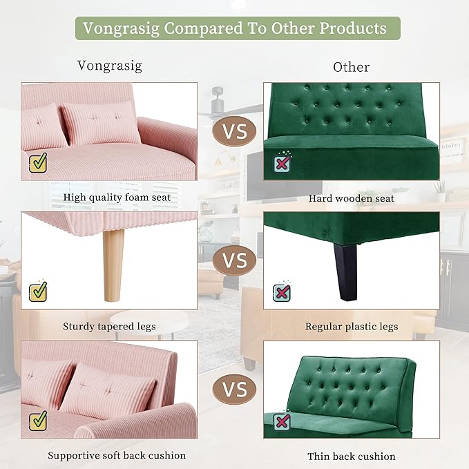 Vongrasig 47 Small Modern Loveseat Sofa Mid Century Soft Corduroy Fabric 2-Seat Sofa Couch Tufted Love Seat with Back Cushions and Tapered Legs for Living Room Bedroom and Small Space (Pink)