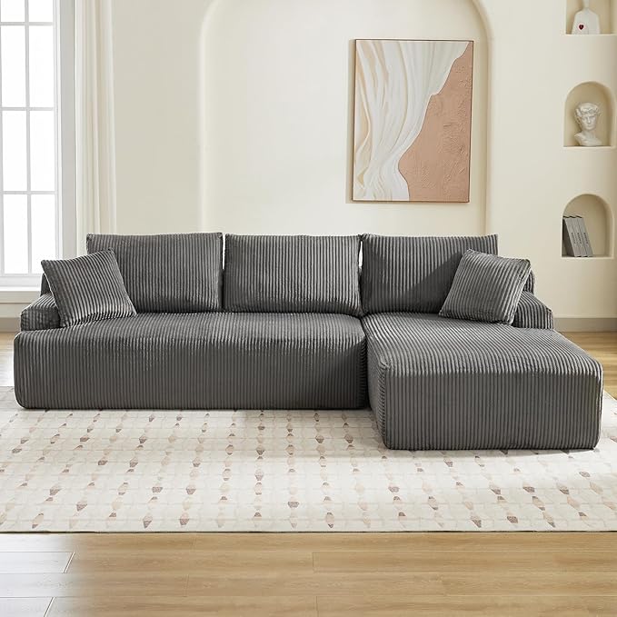 Sectional Cloud Boneless Couch 106 Modern Comfy L-Shape Corner No Assembly Required Convertible Compression Sleeper Modular Sofa with Corduroy Fabric Deep Seat Loveseat + Chaise for Living Room