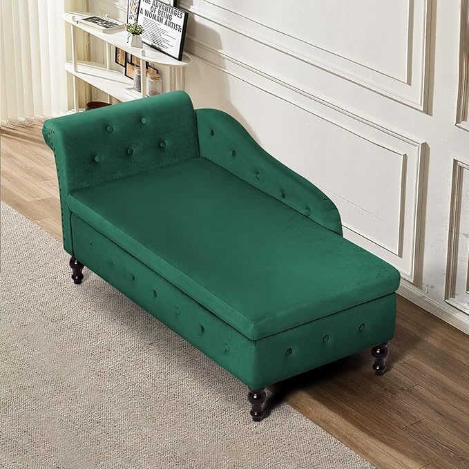 Upholstered Chaise Lounge with Left Armrest &amp Lumbar PillowButton Tufted Lounge Sofa with StorageLounge Chair IndoorModern Velvet Lounge Chair for Bedroom Living Room and OfficeGreen