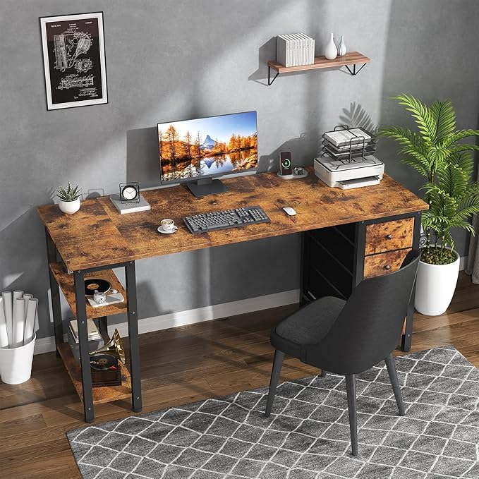 Lufeiya 63 inch Computer Desk with 4 Fabric Drawers &amp Storage Shelves Writing Work Study Desk for Home Office Bedroom Modern Simple Student PC Desks Table Rustic Brown