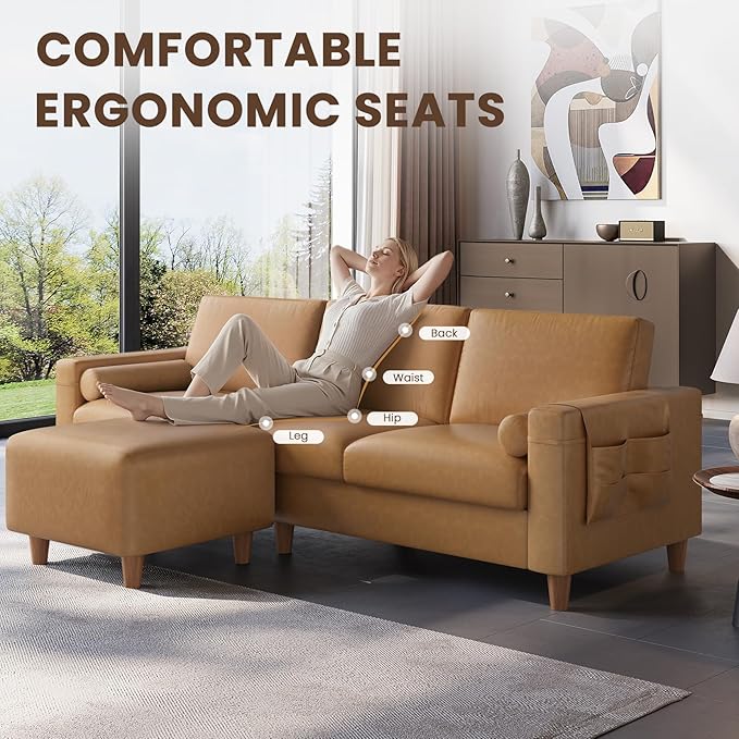 Vesgantti 100 Faux Leather Couch with Movable Ottoman 3 Seater L Shaped PU Leather Sofa with Side Pocket Comfy Mid Century Modern Modular Sectional Couch for Living Room Apartment Camel