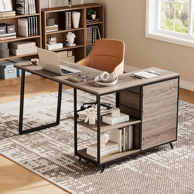 LITTLE TREE L-Shaped Desk with 3-Tier Drawer Cabinet 53 Reversible Corner Desk with Wooden Storage Shelves Farmhouse Computer Desk for Home Office Modern Writing Workstation for Bedroom Grey