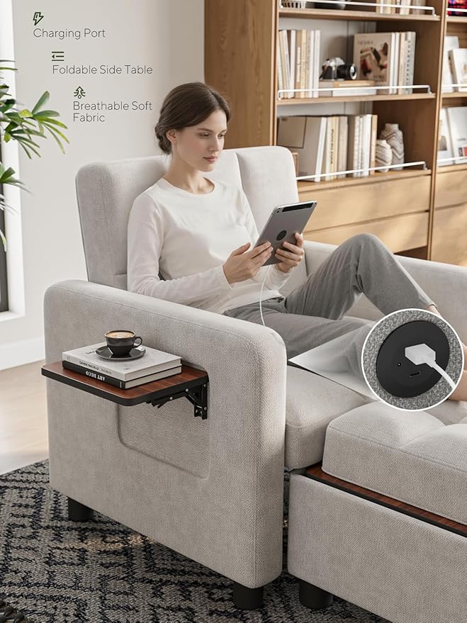 Convertible Sleeper Chair 3 in 1 Pull Out Sofa Bed | Single Sofa Bed with Storage Ottoman and Adjustable Backrest | Reading Chair with Foldable Table &amp USB Port White