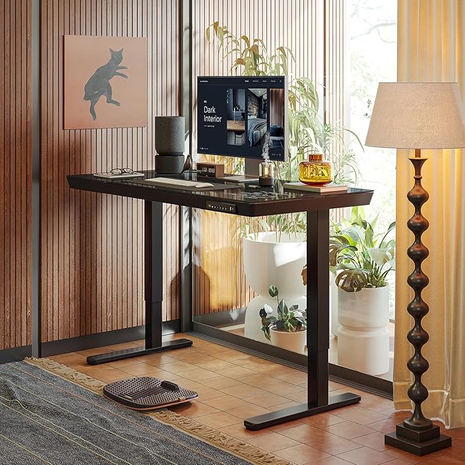 FEZIBO 55 × 24 Electric Standing Desk with Drawers Whole-Piece Glass Adjustable Height Desk One-Piece Quick Install Adjustable Sit Stand Desk Black