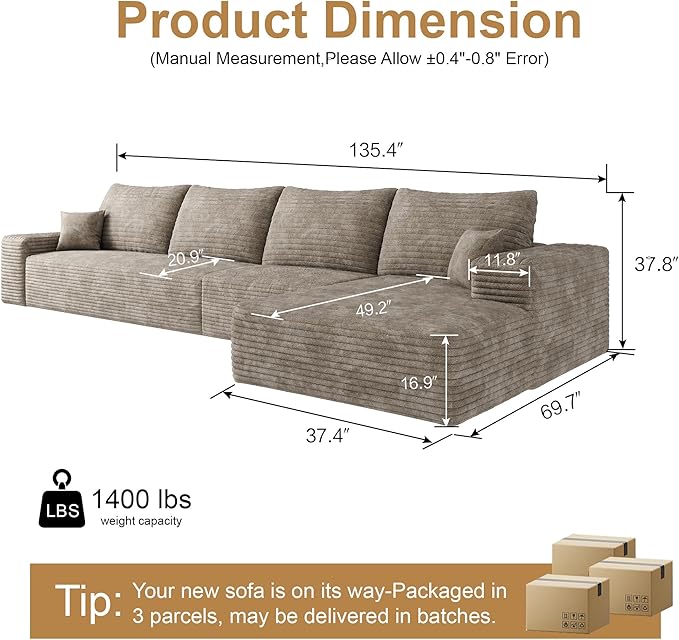 136 Sectional Couches for Living Room Modern Modular Sofa with L-Shape Couchs Upholstered Boneless Couch Deep Seat Sectional Couch with Chaise (Camel Right Facing Chaise+3Seaters)