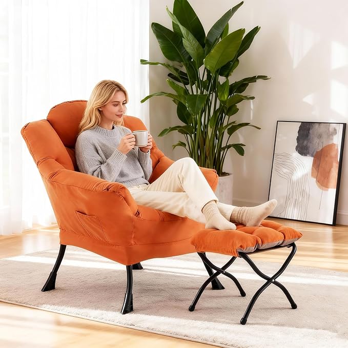 Welnow Lazy Chair with Ottoman for Living Room Modern Reading Accent Chair with Armrests and a Side Pocket Leisure Upholstered Lazy Sofa for Small Space Bedroom Dorm Orange