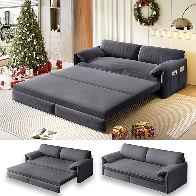 66 Futon Sofa Bed Queen Size Pull Out Bed 3-in-1 Convertible Sleeper Sofa with Side Pocket Modern Velvet Futon Couch for Living Room Small Space Apartment Bedroom Grey