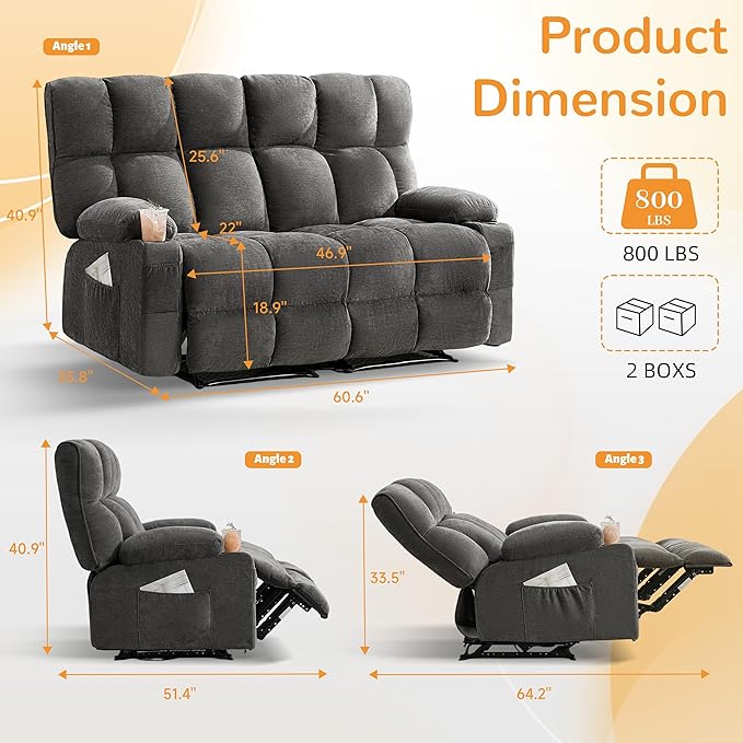 Oversized Loveseat Recliner Sofa Big Large Reclining Sofa with Cup Holders &amp Side Pockets Traditional 2-Seater Manual Recliner Couch for Living Room RV Home Theater Double Recliner (FabricGr