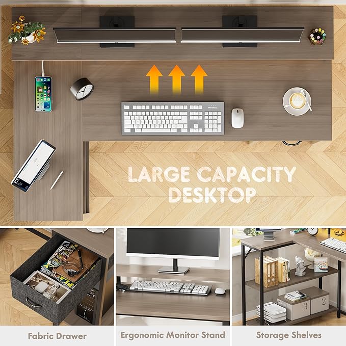 Homall L Shaped Gaming Desk with LED Lights &amp Power Outlets Reversible Computer Desk with Shelves &amp Drawer 47’’ Corner Desk Table with Monitor Stand Home Office Study Writing Table (Grey)