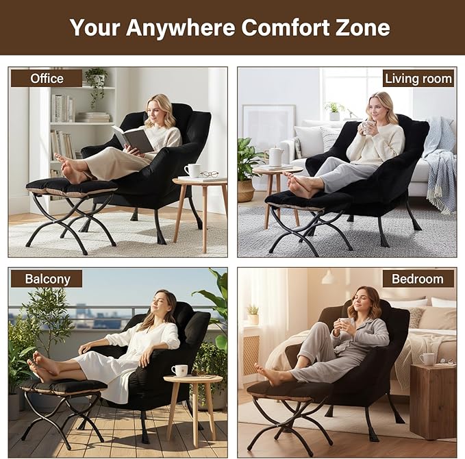 Welnow Lazy Chair with Ottoman Modern Accent Chair with Armrests and a Side Pocket Leisure Sofa Armchair Reading Armchair with Footrest for Small Space Black