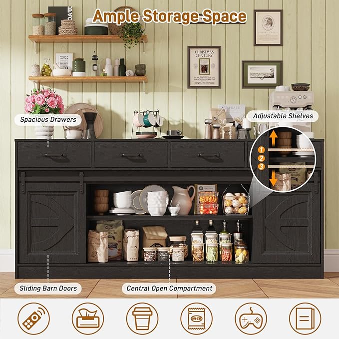 St.Mandyu 70 Large Farmhouse TV Stand for 85/80/75/70 Inch TVs w/4 DrawersRustic Tall Media Console w/Sliding Barn Door Adjustable ShelvesTall Entertainment Center for Living RoomBlack
