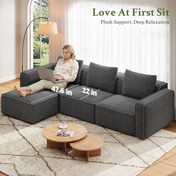 132 Sectional Couch Locked-in Modular Sectional Sofa Wood Frame Couches for Living Room 22 Deep Seat U Shaped Couch with Ottoman Chenille Cloud Sofa Tool-Free Setup Sofas for Living Room