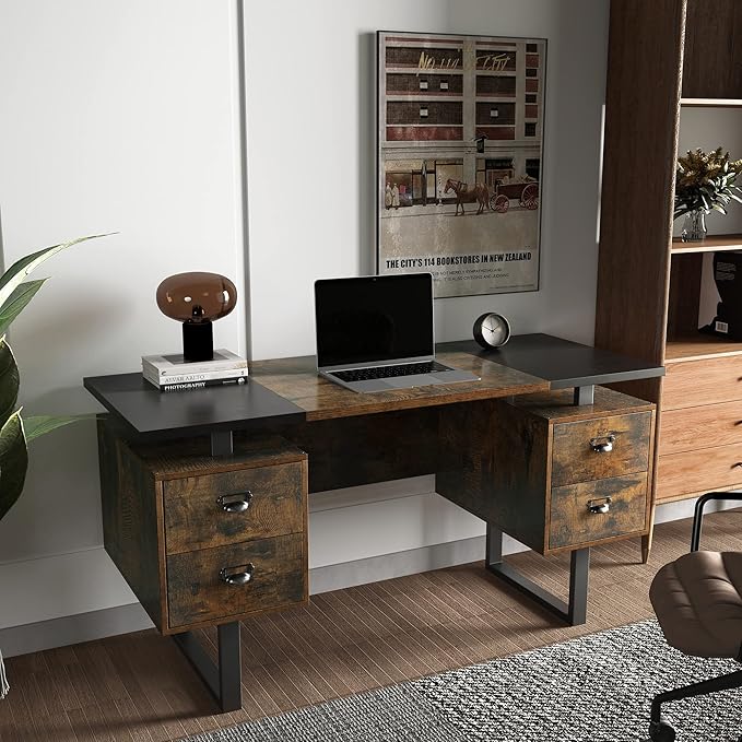 Computer Desk with 4 Drawers for Files Organization Large Home Office Desk with Storage Shelves Industrial PC Desk and Study Writing Table Workstation for Home Office Study Room Dedroom