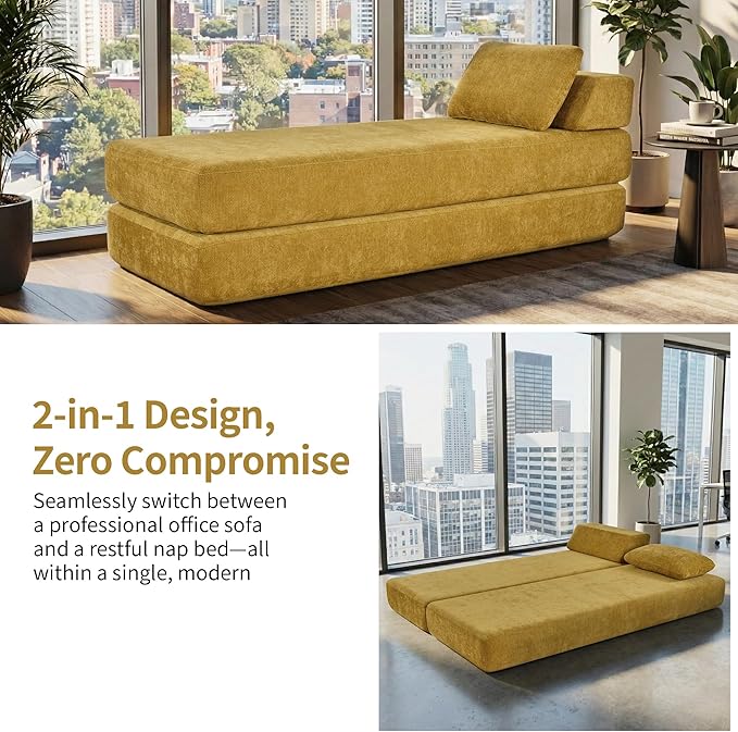 Convertible Chaise Lounge Chair Indoor Boneless Cloud Couch with 2 Pillows Sleeper Sofa for Living Room Bedroom Reading Nook- No Need Assembly (Yellow)