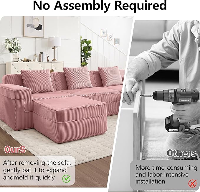117.3 Corduroy Boneless Sectional Couch with High Density Memory Foam SofaCloud Sofa with Deep Seats and Wide Armrests3 Seater Pink Sofa for Living Room Apartments