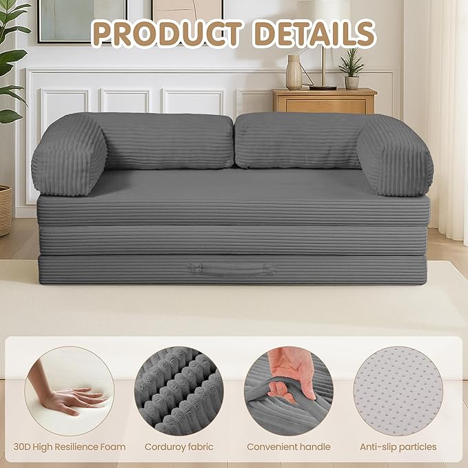 5-in-1 Convertible Sofa Bed76 Boneless Couch Tri Folding Floor Mattress with Removable L-Shaped Armrests &amp HandleCorduroy Futon Couch Sleeper with Pull Out Bed for Living Room Bedroom Apartment