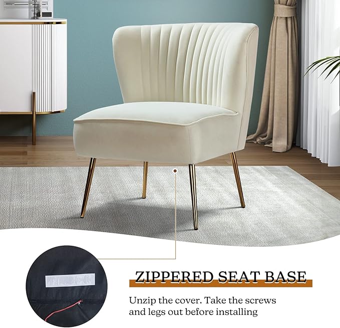 HULALA HOME Velvet Accent Chair Modern Upholstered Cute Side Chair with Gold Metal Legs Armless Wingback Slipper Chair Comfy Living Room Chair for Bedroom Guest Room VanityIvory