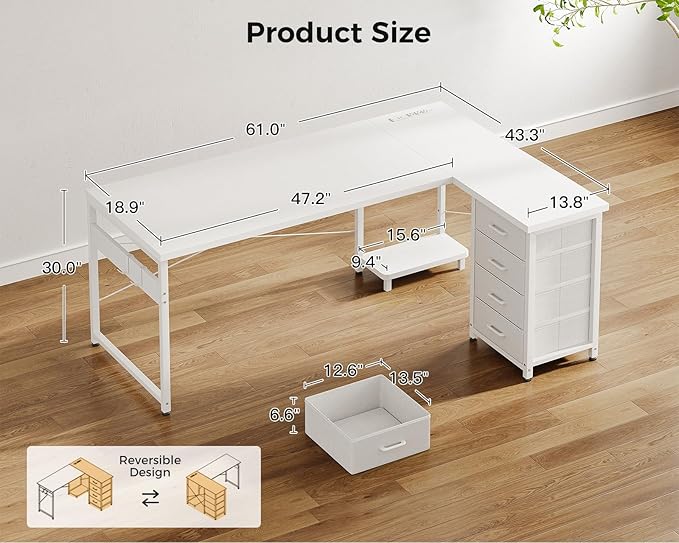 AODK L Shaped Gaming Desk with 4 Drawers 61 Reversible Home Office Desks with Power Outlets L Shaped Computer Desk with USB Charging Port and Host Stand Corner Desk Easy to Assemble White