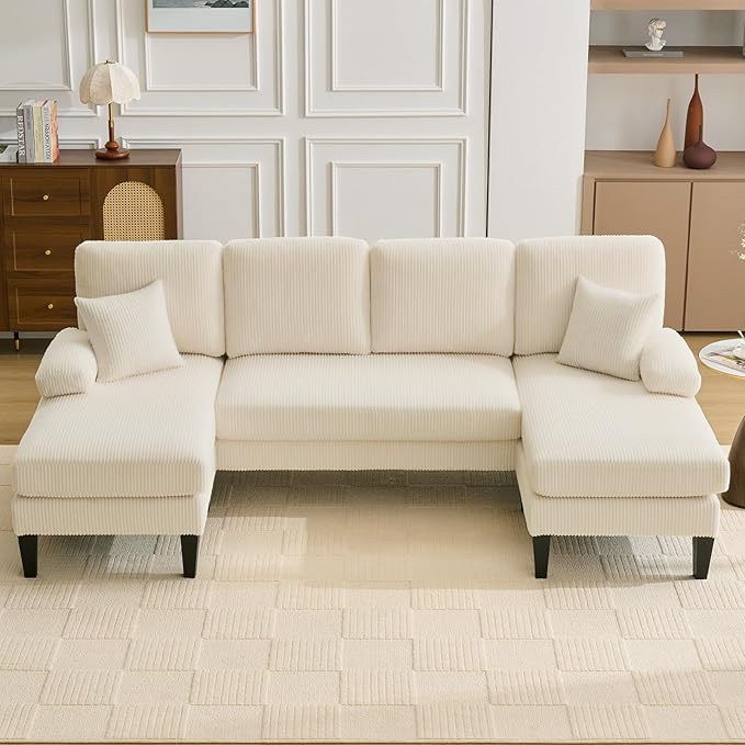 98 U Shaped Couch with 18 Seat Height Sectional Couches for Living Room 4 Seater Couch Set with Double Chaise for Apartment Living Room Sofas Corduroy Beige