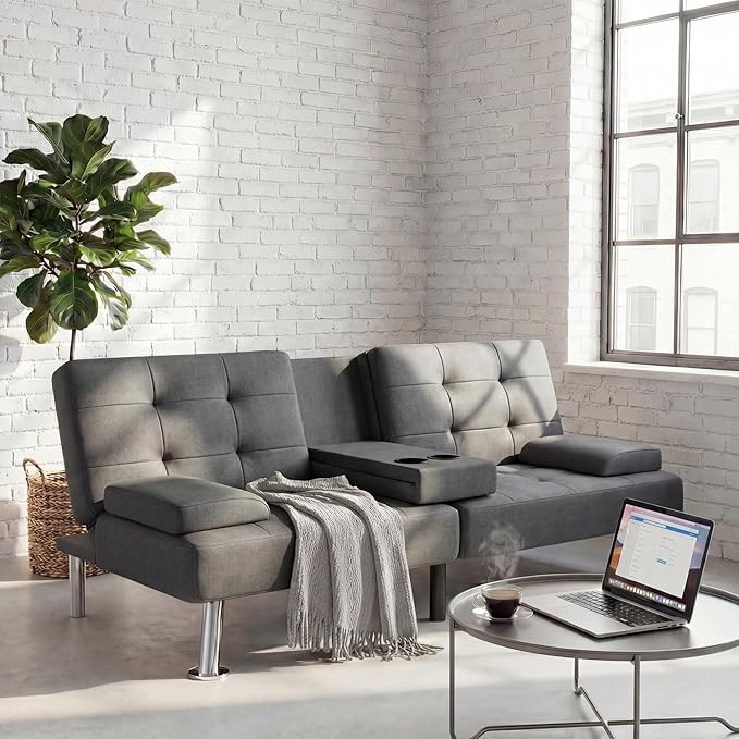 YESHOMY Modern Futon Sofa Bed Convertible Futon Couch with Adjustable Backrest Futon Loveseat Sleeper Sofa Bed with Armrest for Living Room Small SpacesLinen Fabric Light Gray