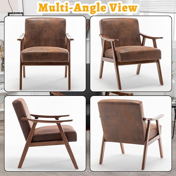 Mid Century Modern Accent Chair Upholstered Armchair Comfy with Wood Legs Siting Chair with Soft Cushion PU Leather Side Chairs for Living Room Bedroom Office (Microfiber Brown)