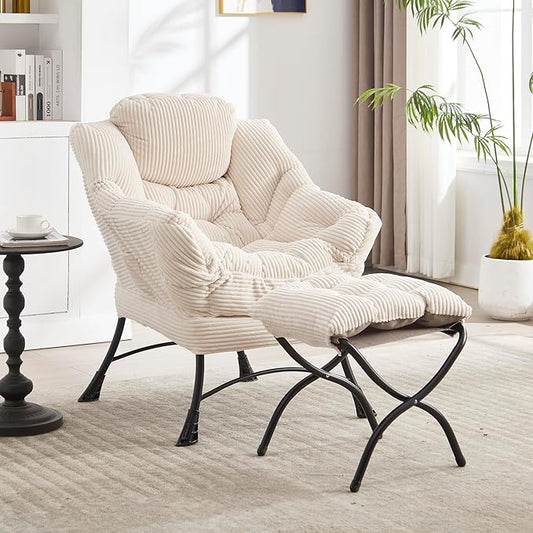31.5 Lazy Chair1 OttomanLeisure Upholstered Sofa ChairModern Reading ChairLounge Accent Chair with Side Pocket for Small ApartmentLiving RoomBedroomOfficeWhite