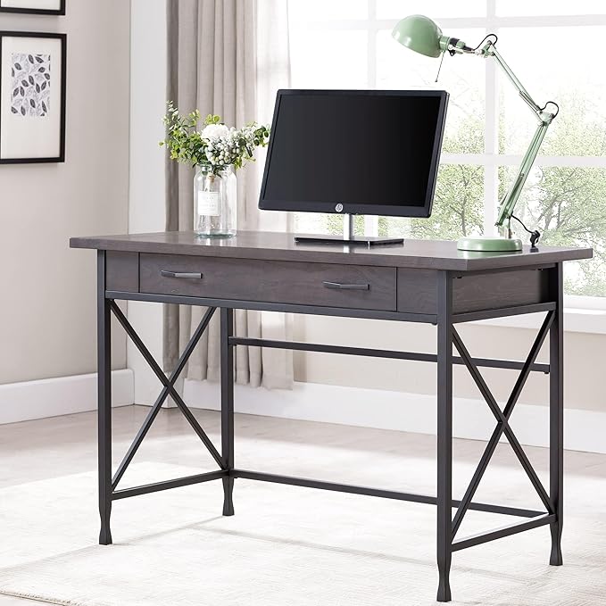 BOWERY HILL Contemporary Writing Computer Desk 46 D x 22 W x 30 H Sturdy Wood Matte Black Finish X-Side Design Drop Front Drawer Full Extension Guides Home Office Desk with Wire Management