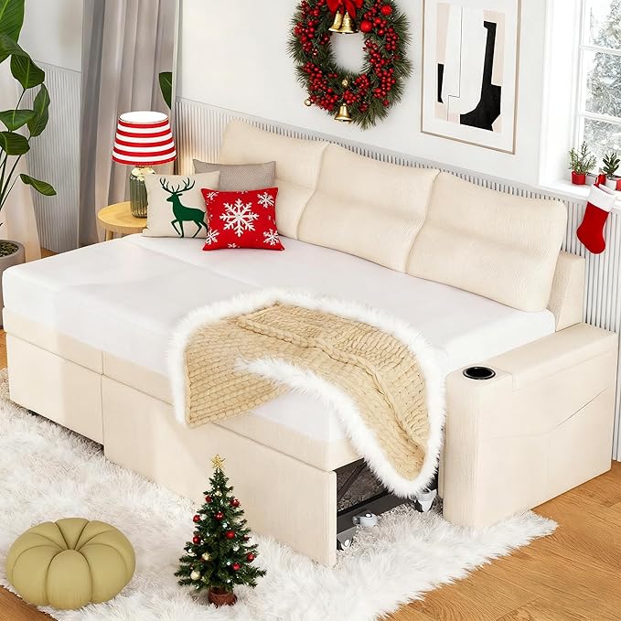 Pamapic 81 Sleeper Sofa with Armrest StorageL-Shaped Sofa with Supportive CushionsCup HoldersSide PocketsPull Out Sleeper Sofa BedPullout Sectional Sofa Couch with Large StorageBeige