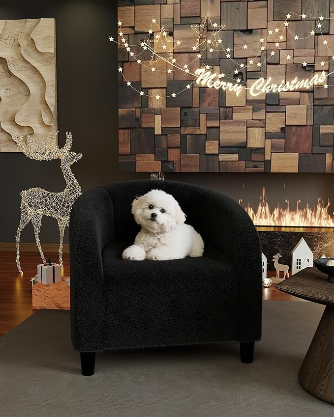 DEXSO Boucle Accent Chair Barrel Chair with Round Back &amp Cozy Boucle Fabric - Modern Armchair for Living Room Bedroom Office Waiting &amp Reception Areas-Black