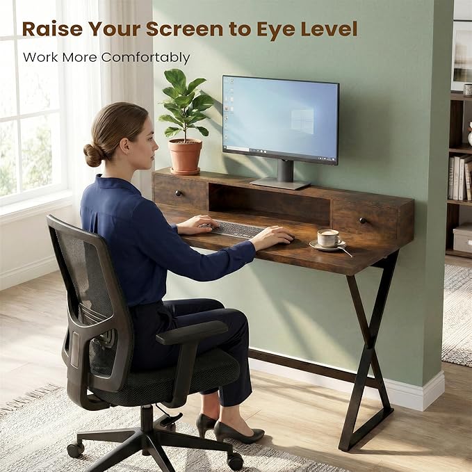 Manora Computer Desk with Drawers and Monitor Stand 47 Home Office Desk with Storage Shelf Rustic Brown Writing Study Table with Metal Frame for Bedroom Workstation for Laptop PC