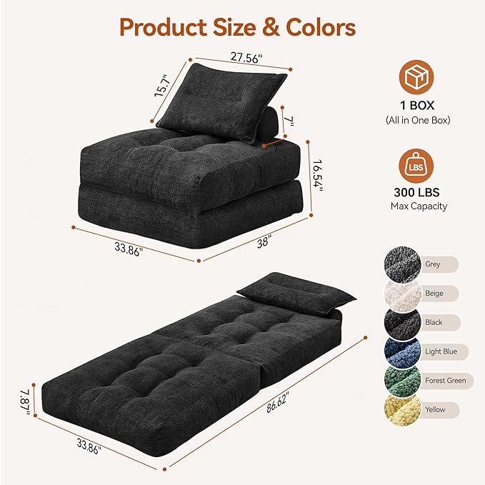 Folding Sofa Bed Fold Out Chair Bed with Pillow Convertible Sleeper Chair for Living Room/Small Spaces Foldable Lazy Sofa Bed Floor Chair Comfy Teddy Velvet Couch Bed Black