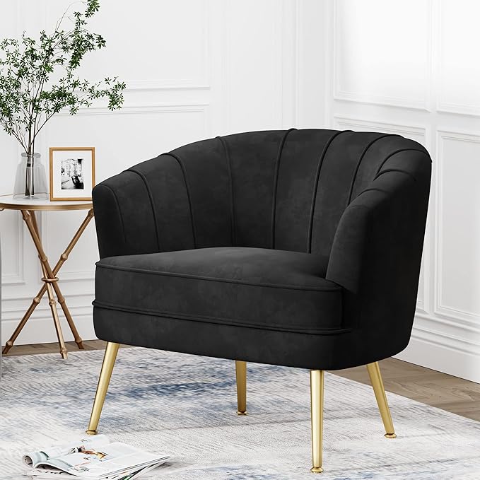 Andeworld Velvet Accent Chair Upholstered Modern Single Sofa Side ChairComfy Barrel Club Living Room Armchair with Golden Metal Legs for Bedroom Living Reading Room Office Black