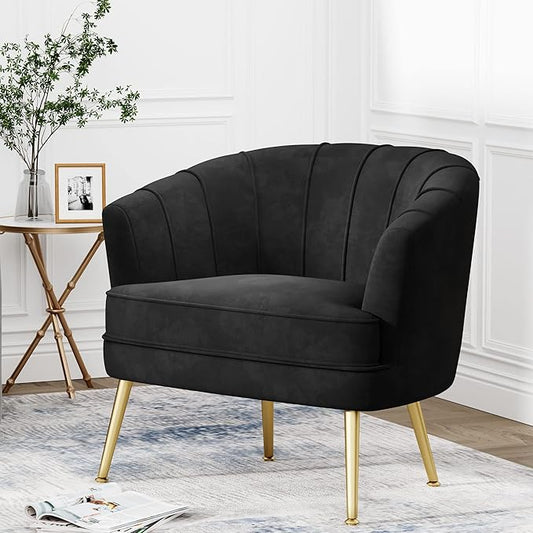 Andeworld Velvet Accent Chair Upholstered Modern Single Sofa Side ChairComfy Barrel Club Living Room Armchair with Golden Metal Legs for Bedroom Living Reading Room Office Black