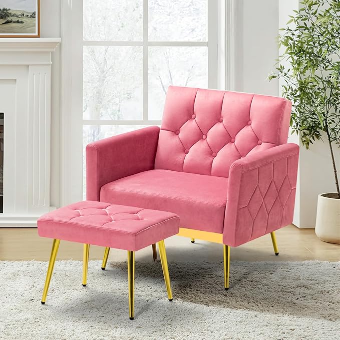 Velvet Accent Chair w/Adjustable Armrests and Backrests Tufted Single Sofa with Ottoman Upholstered Reading Chiar for Living Room Apartment Bedroom Pink